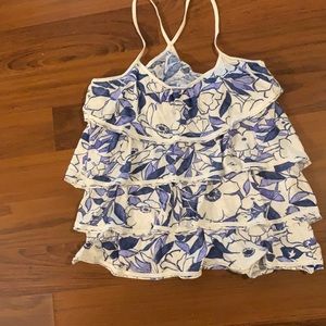 Aerie blue/white print tiered ruffle racerback too